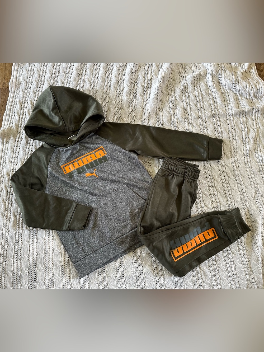 Puma Olive and Gray Two-Piece Set with Orange Logo